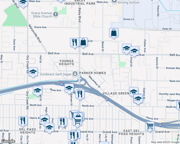 map of restaurants, bars, coffee shops, grocery stores, and more near 803 Bright Court in Sacramento