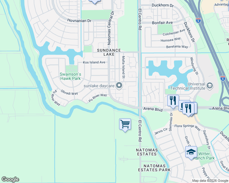 map of restaurants, bars, coffee shops, grocery stores, and more near 3652 Odessa Lane in Sacramento