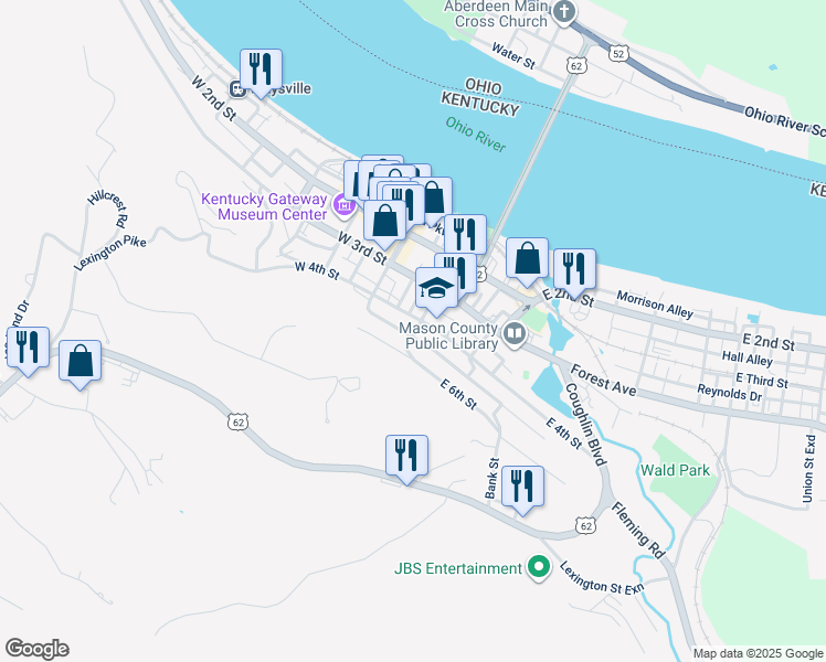 map of restaurants, bars, coffee shops, grocery stores, and more near 501 Limestone Street in Maysville