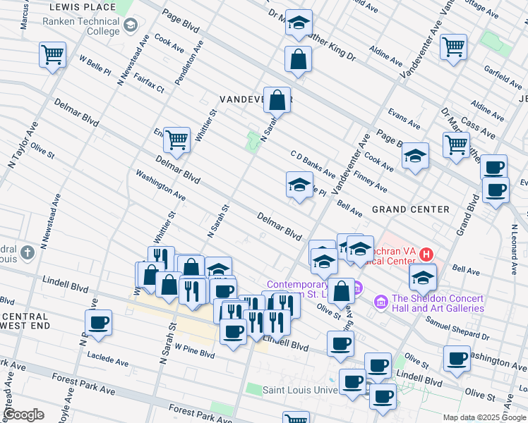 map of restaurants, bars, coffee shops, grocery stores, and more near in St. Louis