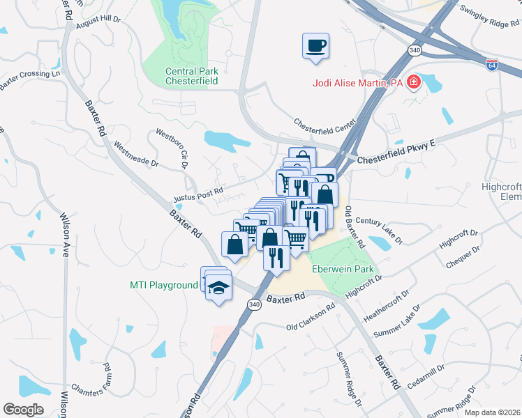 map of restaurants, bars, coffee shops, grocery stores, and more near 1736 Blue Oak Drive in Chesterfield