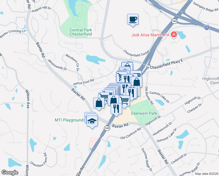 map of restaurants, bars, coffee shops, grocery stores, and more near 1736 Blue Oak Drive in Chesterfield