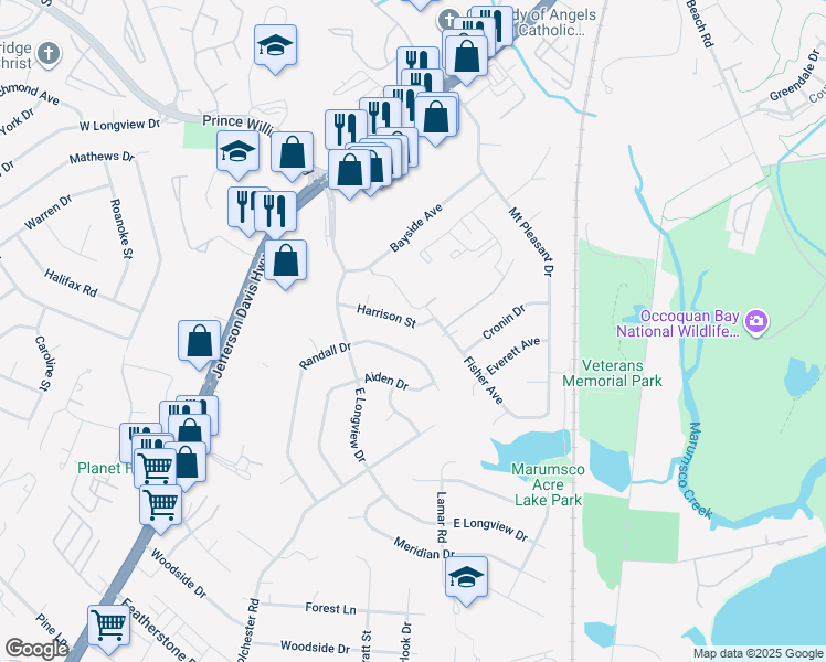 map of restaurants, bars, coffee shops, grocery stores, and more near 1407 Harrison Street in Woodbridge