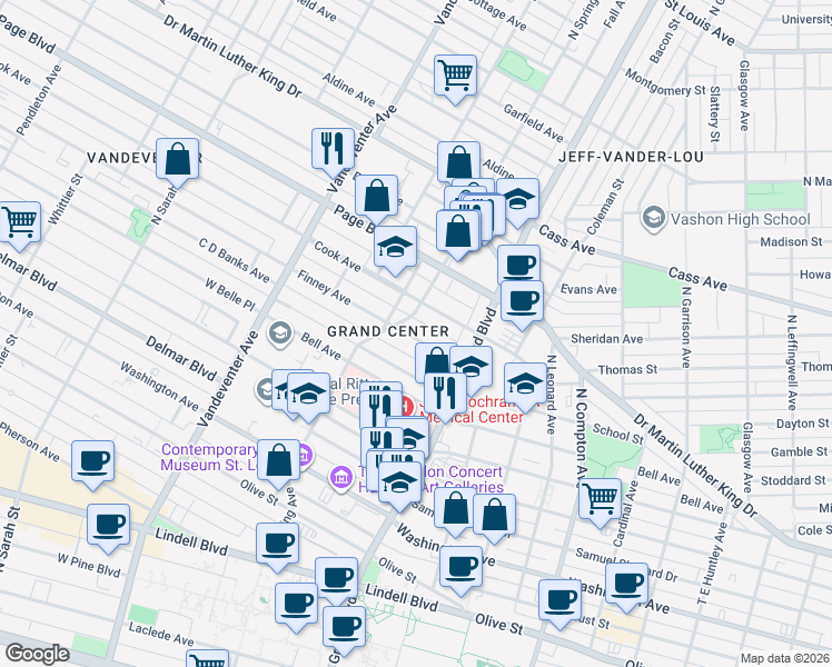map of restaurants, bars, coffee shops, grocery stores, and more near in St. Louis