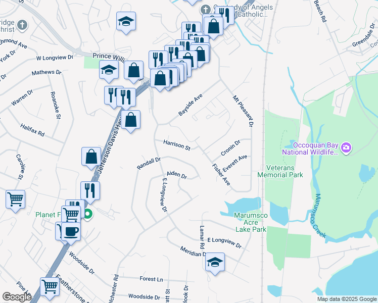 map of restaurants, bars, coffee shops, grocery stores, and more near 1407 Harrison Street in Woodbridge