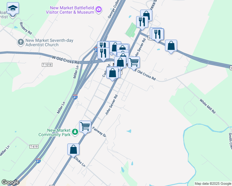 map of restaurants, bars, coffee shops, grocery stores, and more near 121 West Stuart Street in New Market