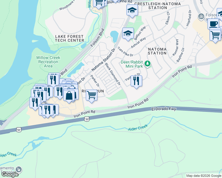 map of restaurants, bars, coffee shops, grocery stores, and more near 311 Brightstone Circle in Folsom