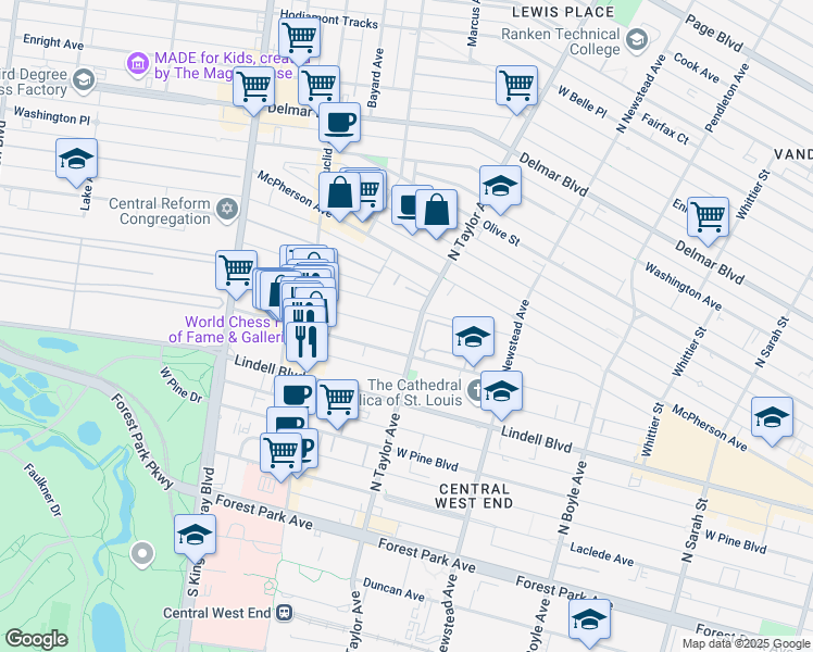 map of restaurants, bars, coffee shops, grocery stores, and more near 4515 Maryland Avenue in St. Louis