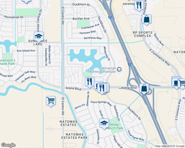 map of restaurants, bars, coffee shops, grocery stores, and more near 4751 Windsong Street in Sacramento