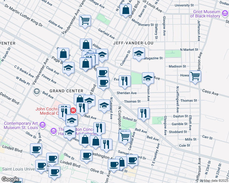 map of restaurants, bars, coffee shops, grocery stores, and more near 3159 Sheridan Avenue in St. Louis