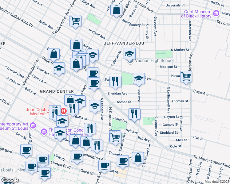 map of restaurants, bars, coffee shops, grocery stores, and more near 3121 Sheridan Avenue in St. Louis