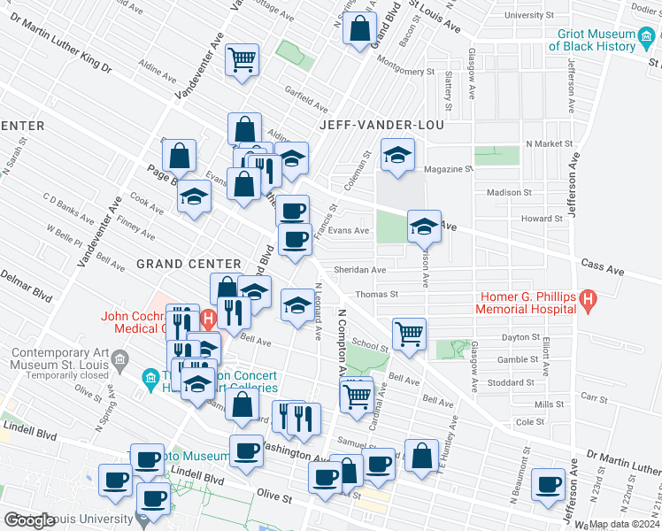 map of restaurants, bars, coffee shops, grocery stores, and more near 3155 Sheridan Avenue in St. Louis