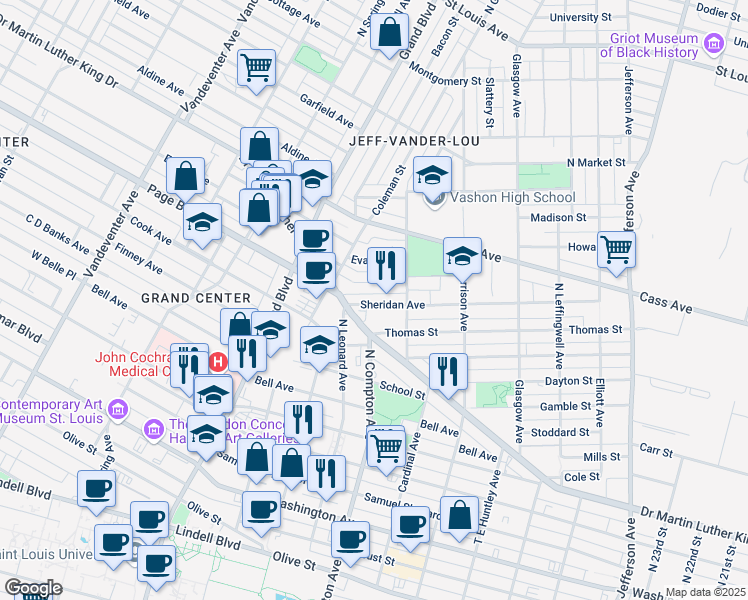 map of restaurants, bars, coffee shops, grocery stores, and more near 3135 Sheridan Avenue in St. Louis