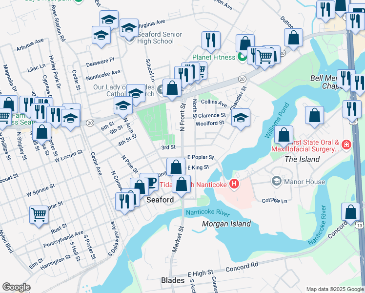 map of restaurants, bars, coffee shops, grocery stores, and more near North Front Street in Seaford