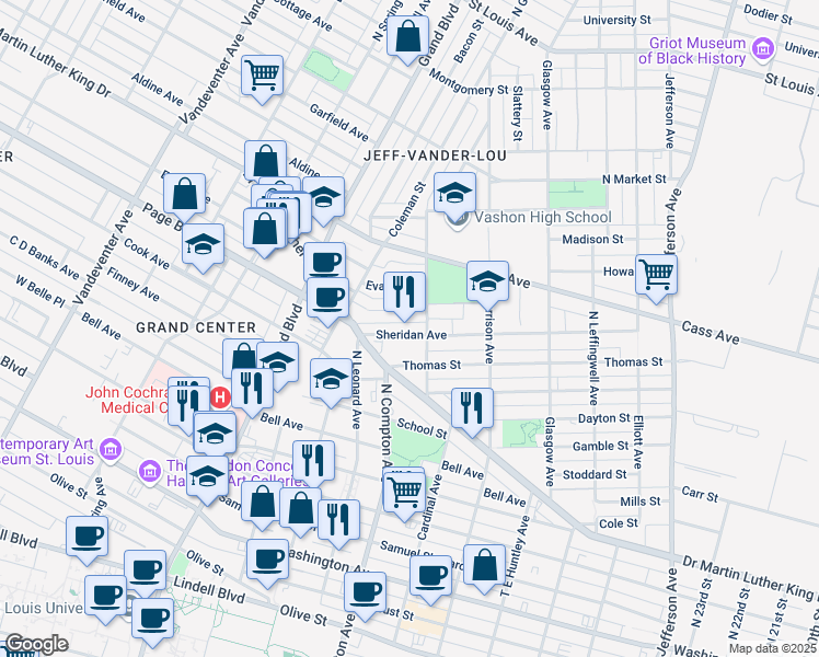 map of restaurants, bars, coffee shops, grocery stores, and more near 3113 Sheridan Avenue in St. Louis