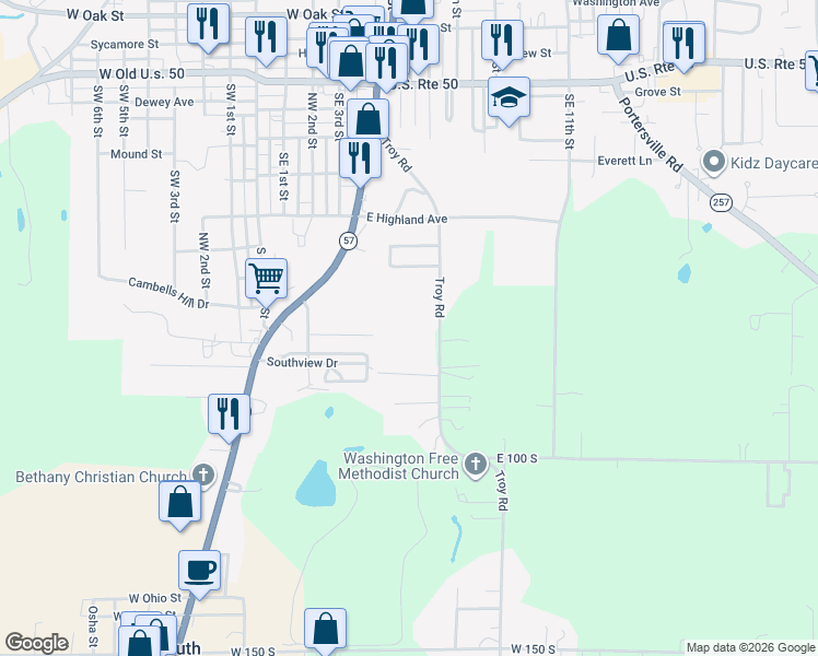 map of restaurants, bars, coffee shops, grocery stores, and more near 891 Troy Road in Washington