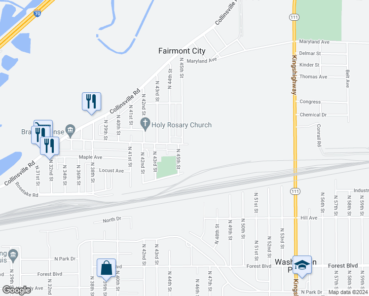 map of restaurants, bars, coffee shops, grocery stores, and more near 4504 Cookson Road in East Saint Louis