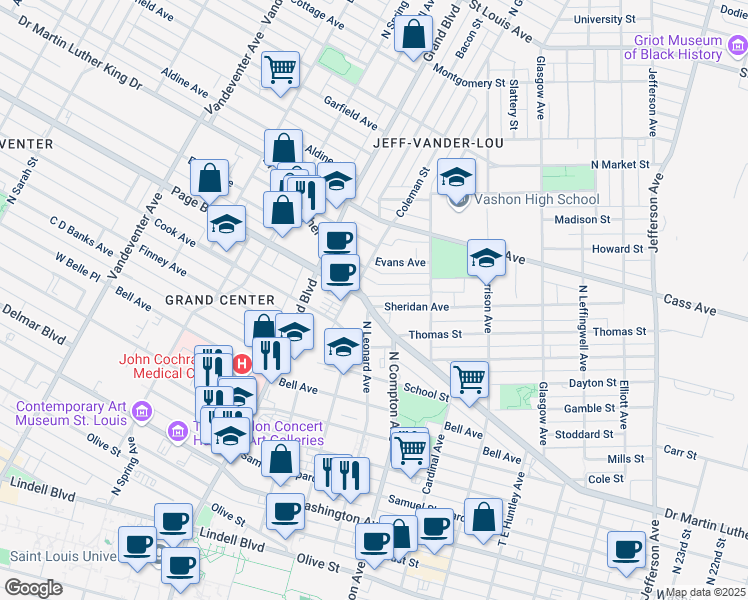 map of restaurants, bars, coffee shops, grocery stores, and more near 3163 Sheridan Avenue in St. Louis
