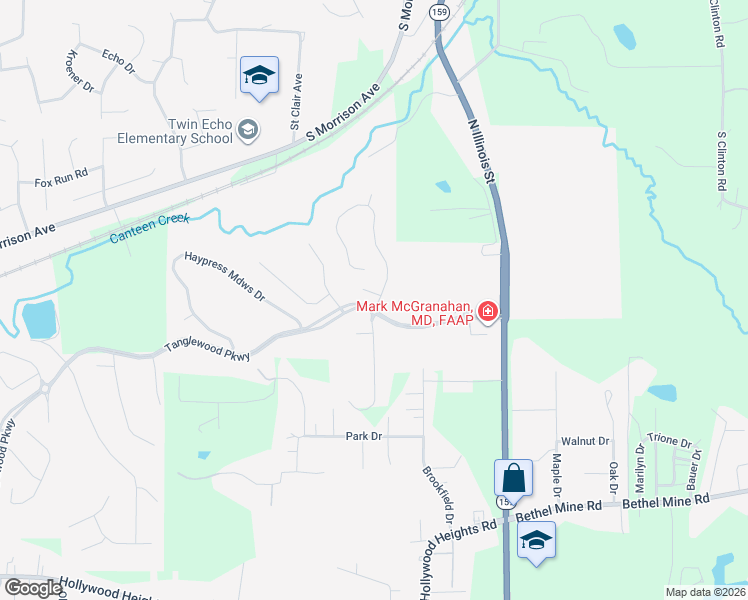 map of restaurants, bars, coffee shops, grocery stores, and more near 8003 Blackwood Ridge in Caseyville