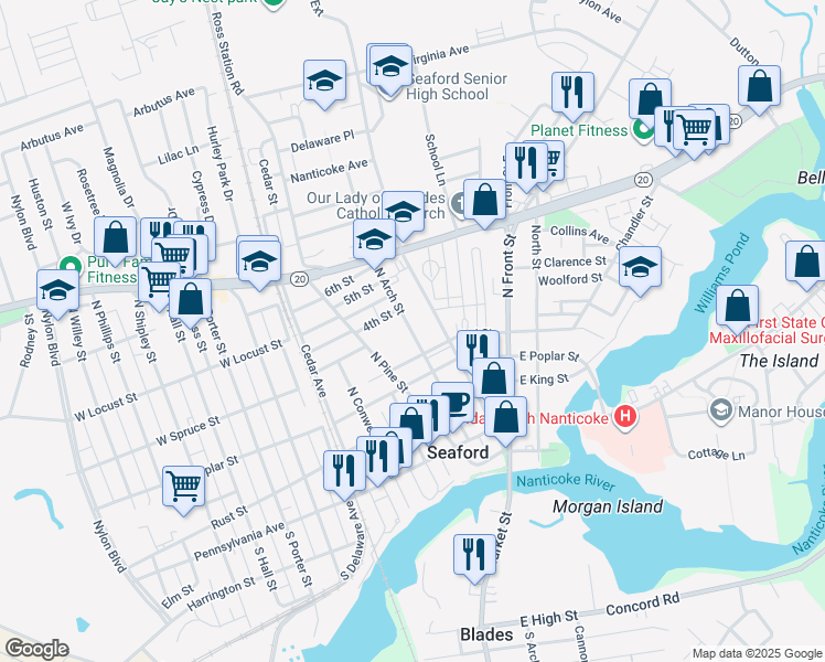 map of restaurants, bars, coffee shops, grocery stores, and more near 315 North Pine Street in Seaford