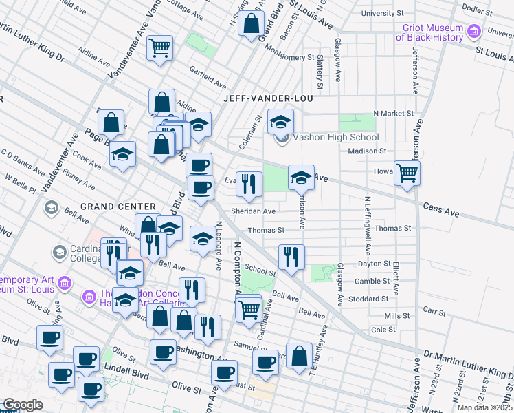 map of restaurants, bars, coffee shops, grocery stores, and more near 3114 Sheridan Avenue in St. Louis
