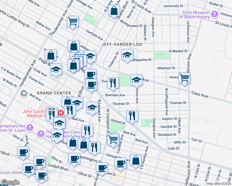 map of restaurants, bars, coffee shops, grocery stores, and more near 3114 Sheridan Avenue in St. Louis