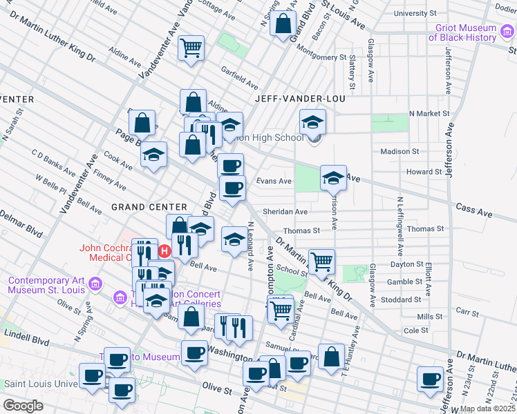 map of restaurants, bars, coffee shops, grocery stores, and more near 1237 North Leonard Avenue in St. Louis