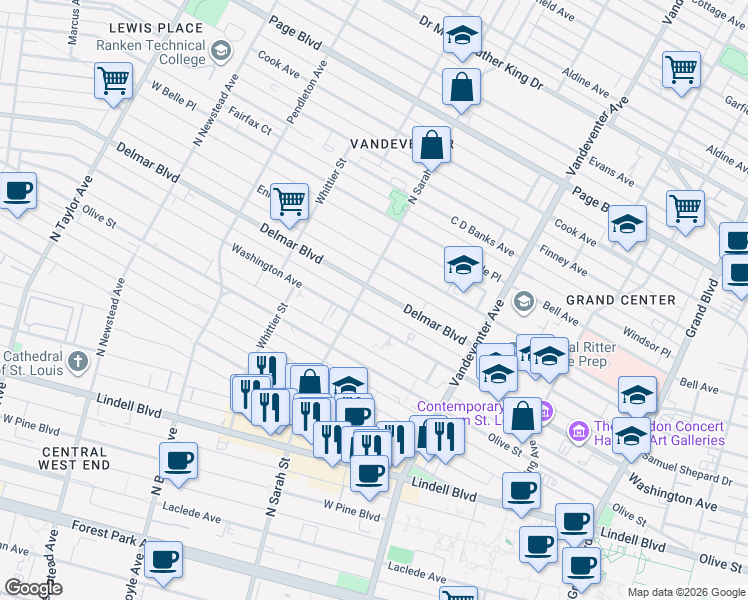 map of restaurants, bars, coffee shops, grocery stores, and more near 4036 Delmar Boulevard in St. Louis