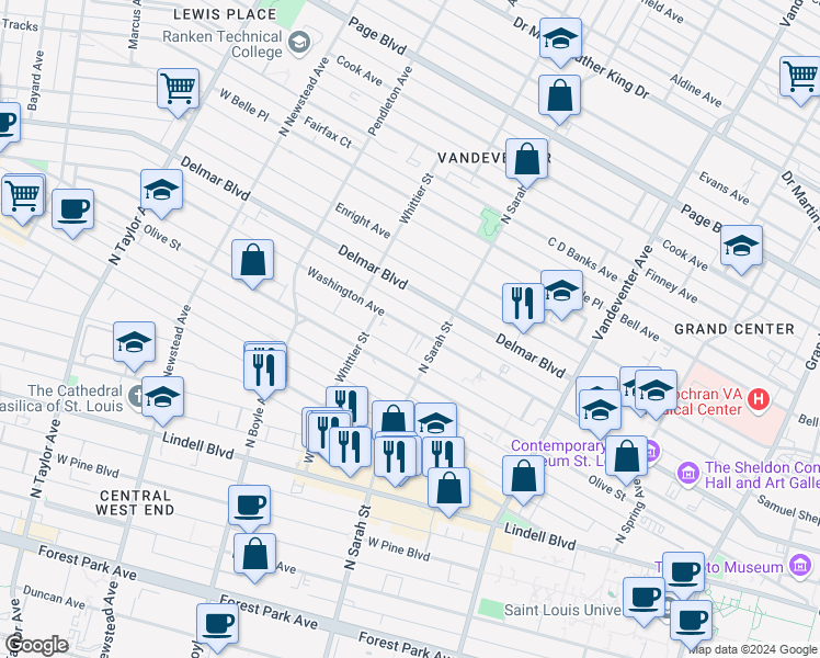 map of restaurants, bars, coffee shops, grocery stores, and more near 4132 Washington Boulevard in St. Louis