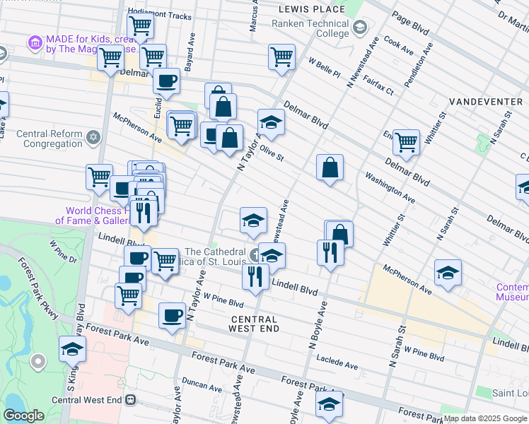 map of restaurants, bars, coffee shops, grocery stores, and more near 337 Greenwich Court in St. Louis