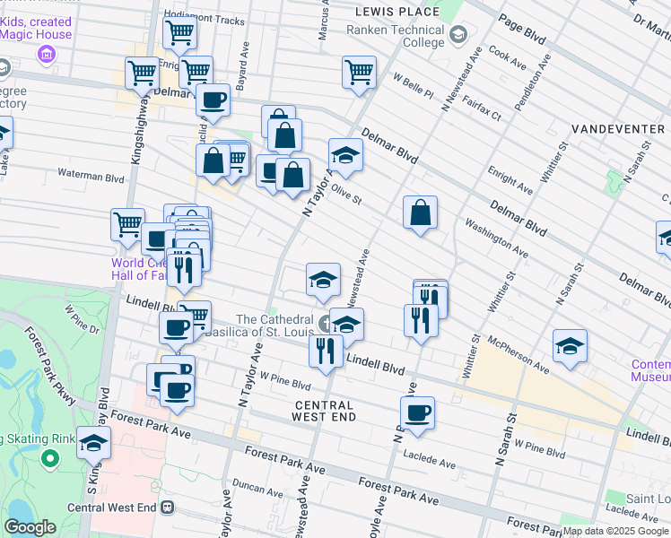map of restaurants, bars, coffee shops, grocery stores, and more near 337 Greenwich Court in St. Louis