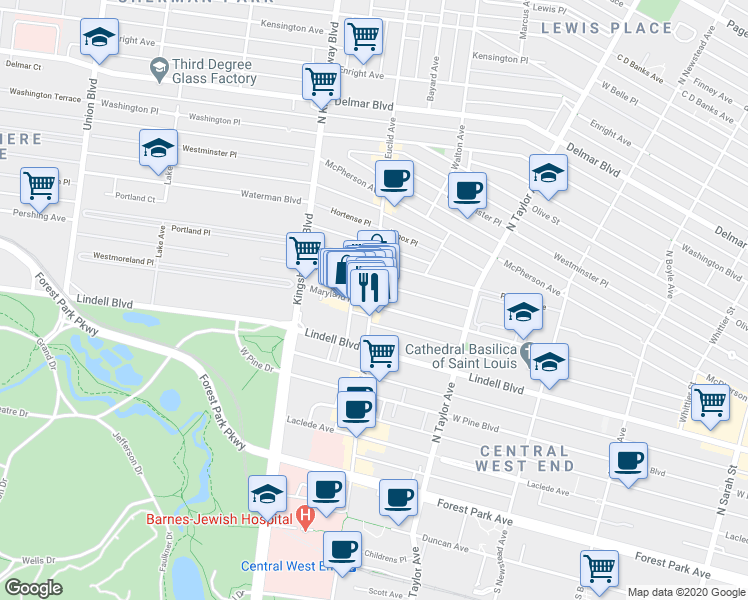 map of restaurants, bars, coffee shops, grocery stores, and more near in St. Louis