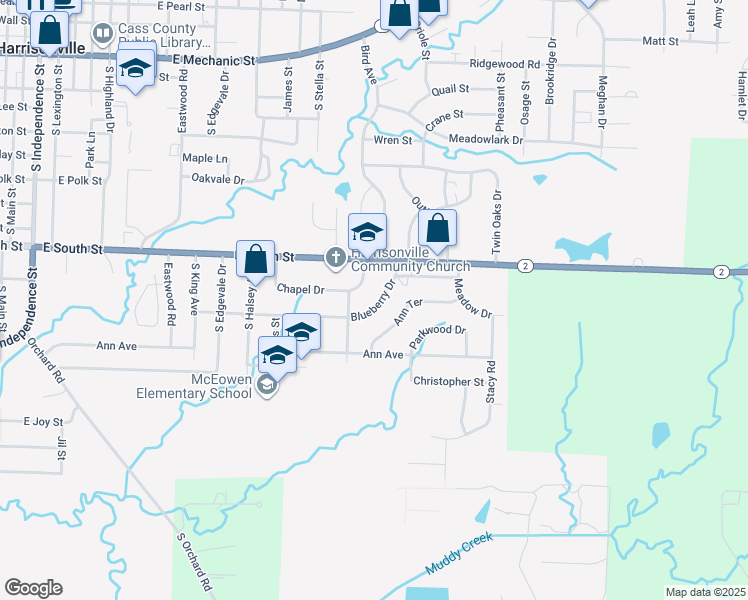 map of restaurants, bars, coffee shops, grocery stores, and more near 1604 Blueberry Drive in Harrisonville