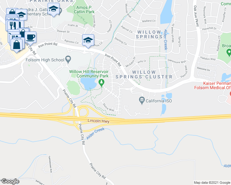 map of restaurants, bars, coffee shops, grocery stores, and more near 196 Barnhill Drive in Folsom