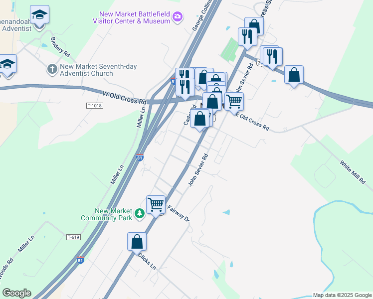 map of restaurants, bars, coffee shops, grocery stores, and more near 9526 Cadet Road in New Market