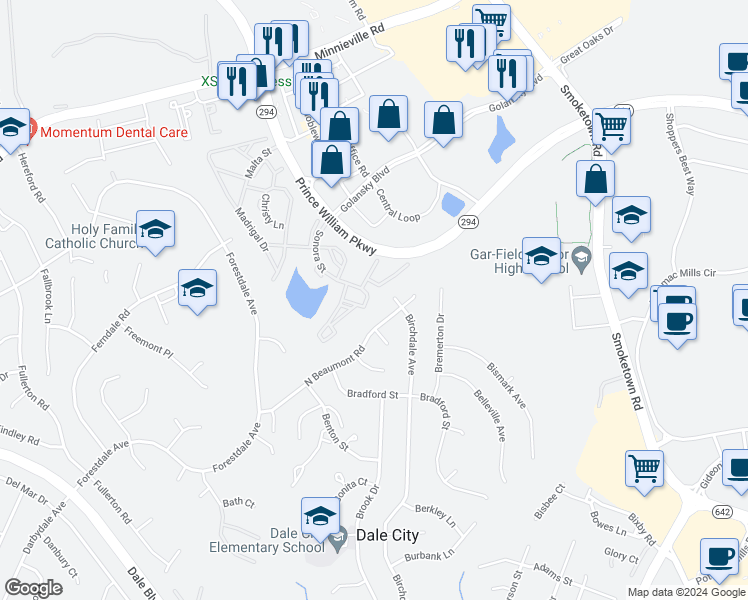 map of restaurants, bars, coffee shops, grocery stores, and more near 14196 Cuddy Loop in Woodbridge