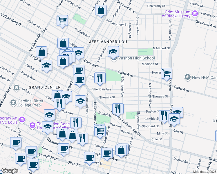 map of restaurants, bars, coffee shops, grocery stores, and more near 3054 Sheridan Avenue in St. Louis