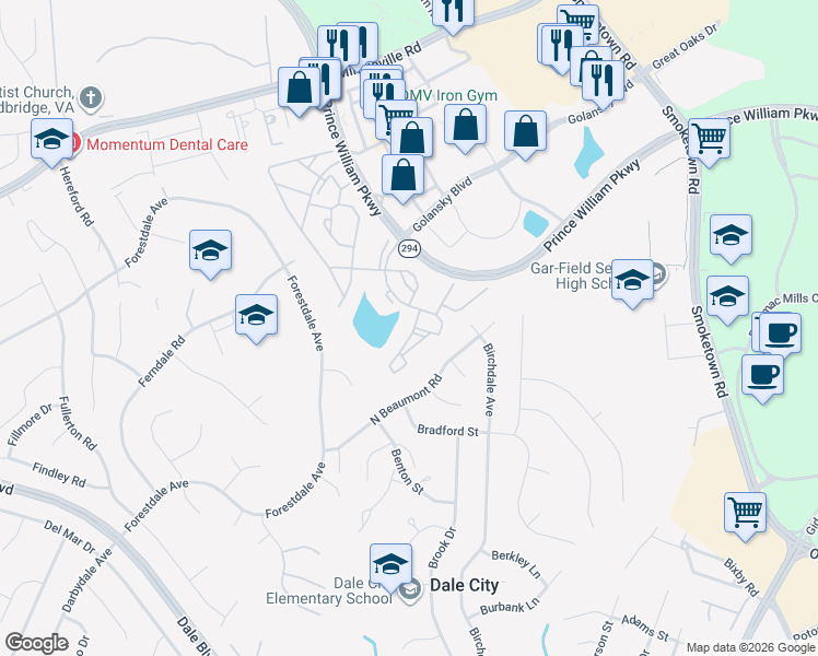 map of restaurants, bars, coffee shops, grocery stores, and more near 14154 Cuddy Loop in Woodbridge