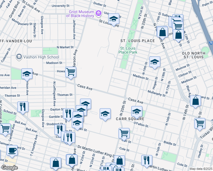 map of restaurants, bars, coffee shops, grocery stores, and more near in St. Louis