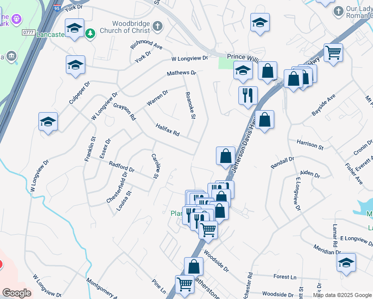 map of restaurants, bars, coffee shops, grocery stores, and more near 14143 Grayson Road in Woodbridge