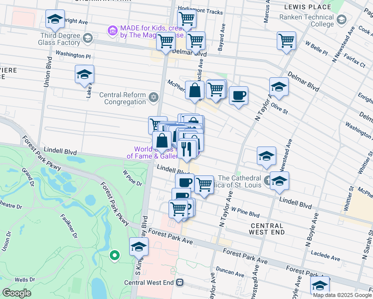 map of restaurants, bars, coffee shops, grocery stores, and more near 7 Maryland Plaza in St. Louis