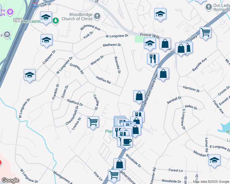 map of restaurants, bars, coffee shops, grocery stores, and more near 14143 Grayson Road in Woodbridge