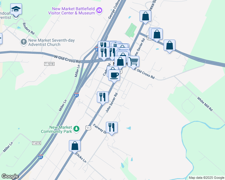 map of restaurants, bars, coffee shops, grocery stores, and more near 9498 South Congress Street in New Market