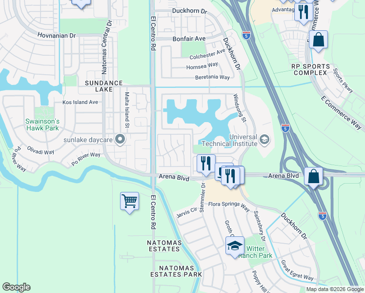 map of restaurants, bars, coffee shops, grocery stores, and more near 4208 Atrium Way in Sacramento