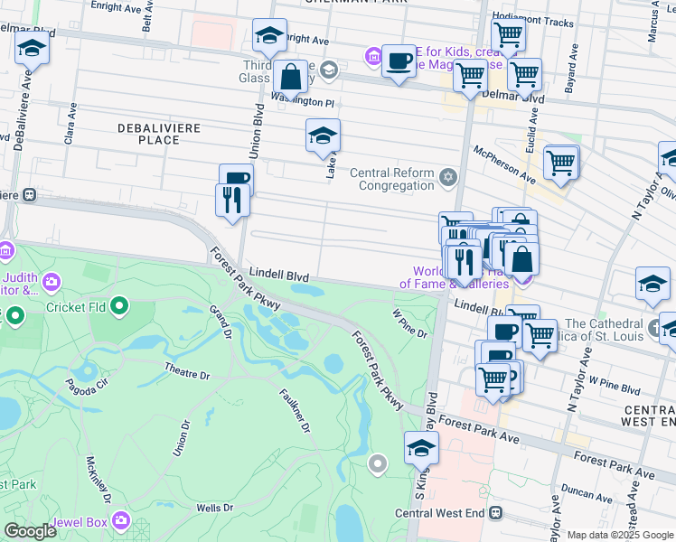 map of restaurants, bars, coffee shops, grocery stores, and more near 5165 Lindell Boulevard in St. Louis
