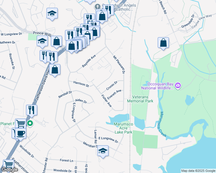 map of restaurants, bars, coffee shops, grocery stores, and more near 1268 Cronin Drive in Woodbridge
