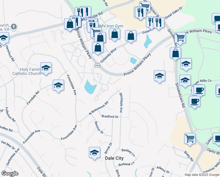 map of restaurants, bars, coffee shops, grocery stores, and more near 14196 Cuddy Loop in Woodbridge