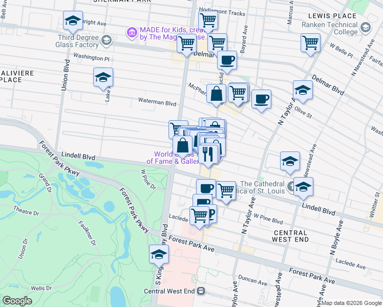 map of restaurants, bars, coffee shops, grocery stores, and more near 299 York Ave in St Louis