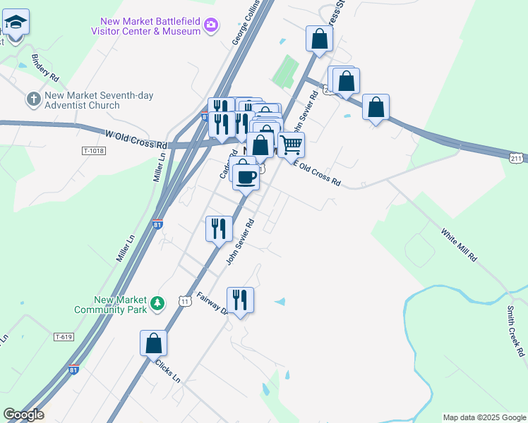 map of restaurants, bars, coffee shops, grocery stores, and more near 9474 John Sevier Road in New Market