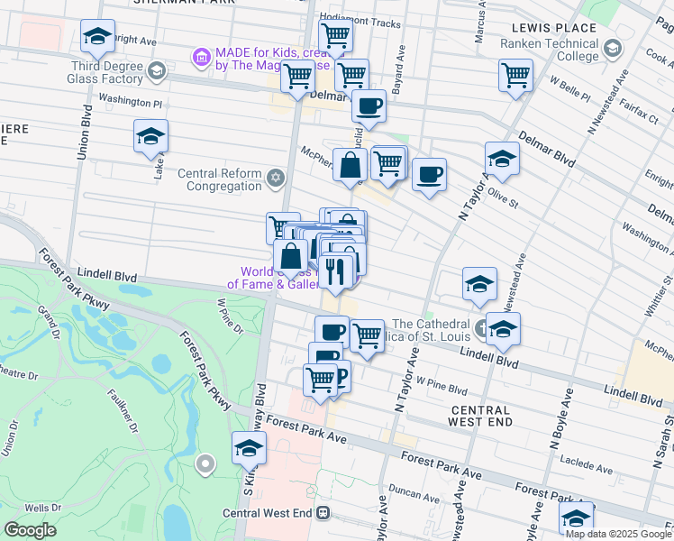 map of restaurants, bars, coffee shops, grocery stores, and more near 7 Maryland Plaza in St. Louis